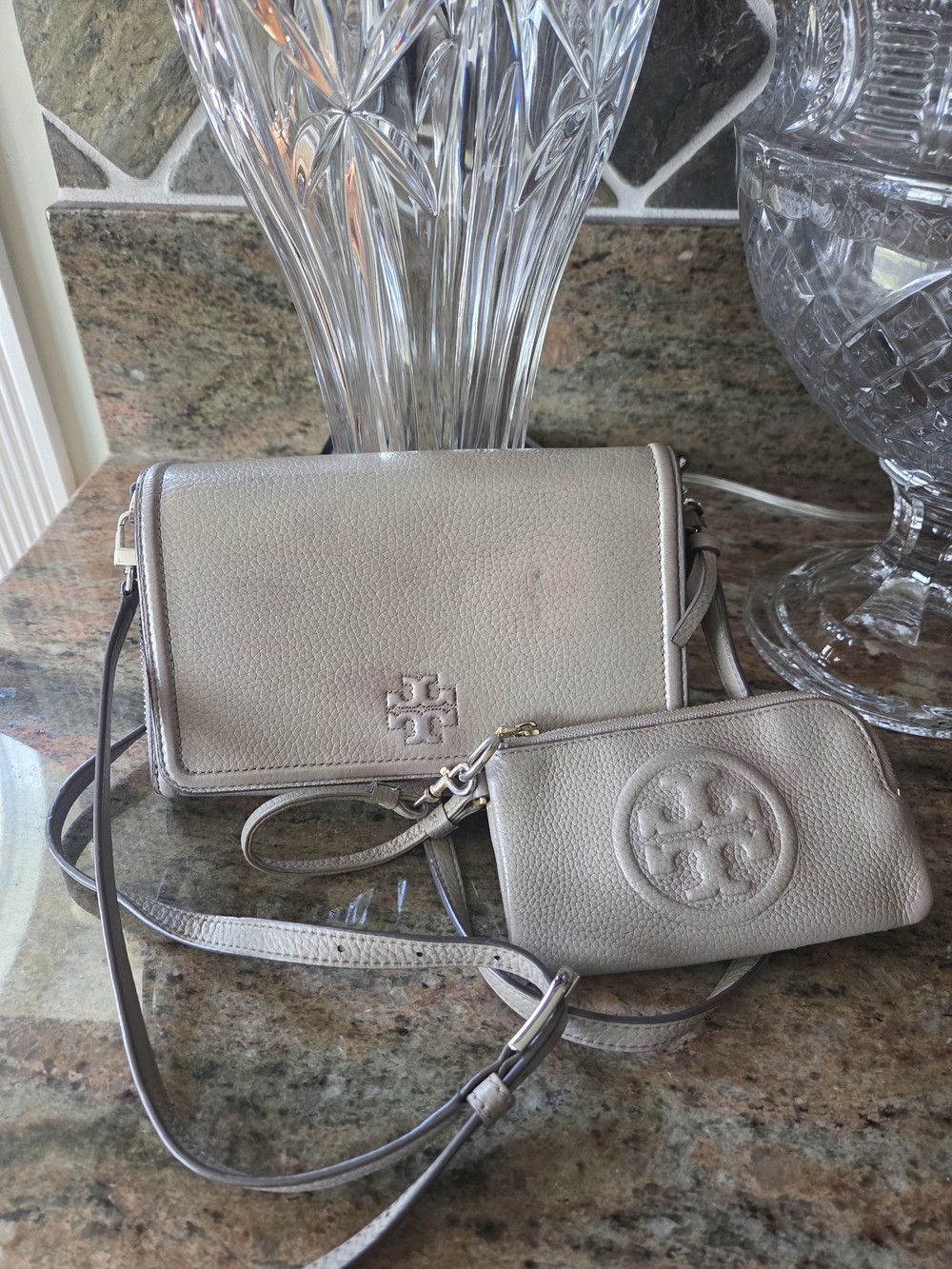 Tory Burch Pebbled Leather Crossbody and Wristlet in Taupe Gray